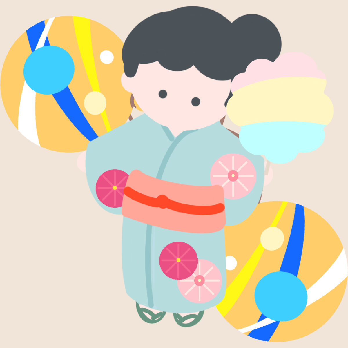 浴衣の女の子と夏祭りのイラスト