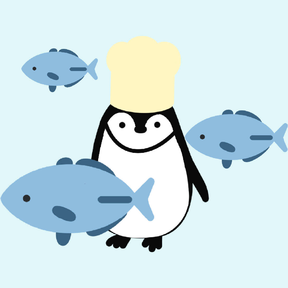 Pingüino con gorro de cocinero y un pez