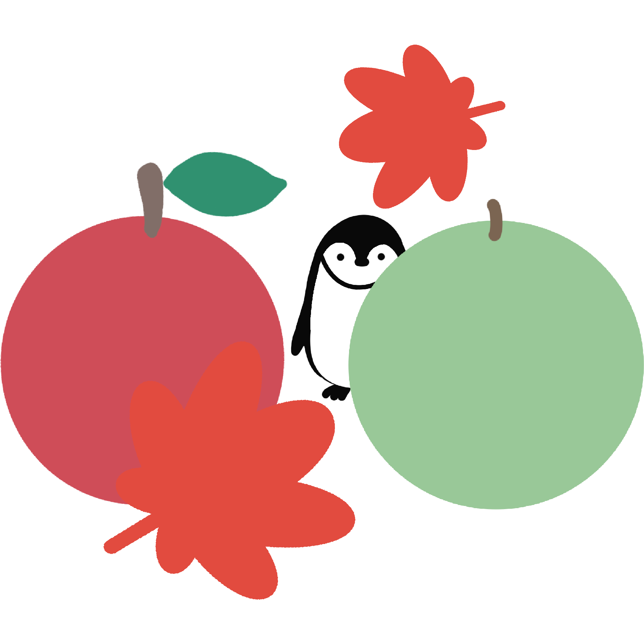 赤色と青色のりんごとヒゲペンギンのイラスト
