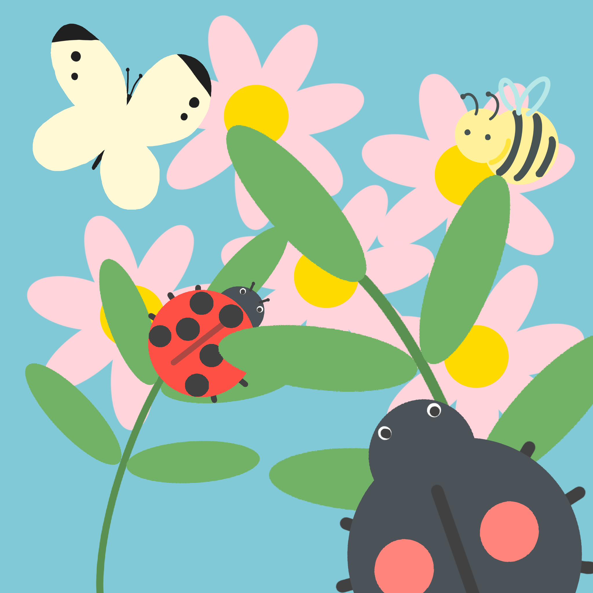 春の花畑のなかまたちのイラスト