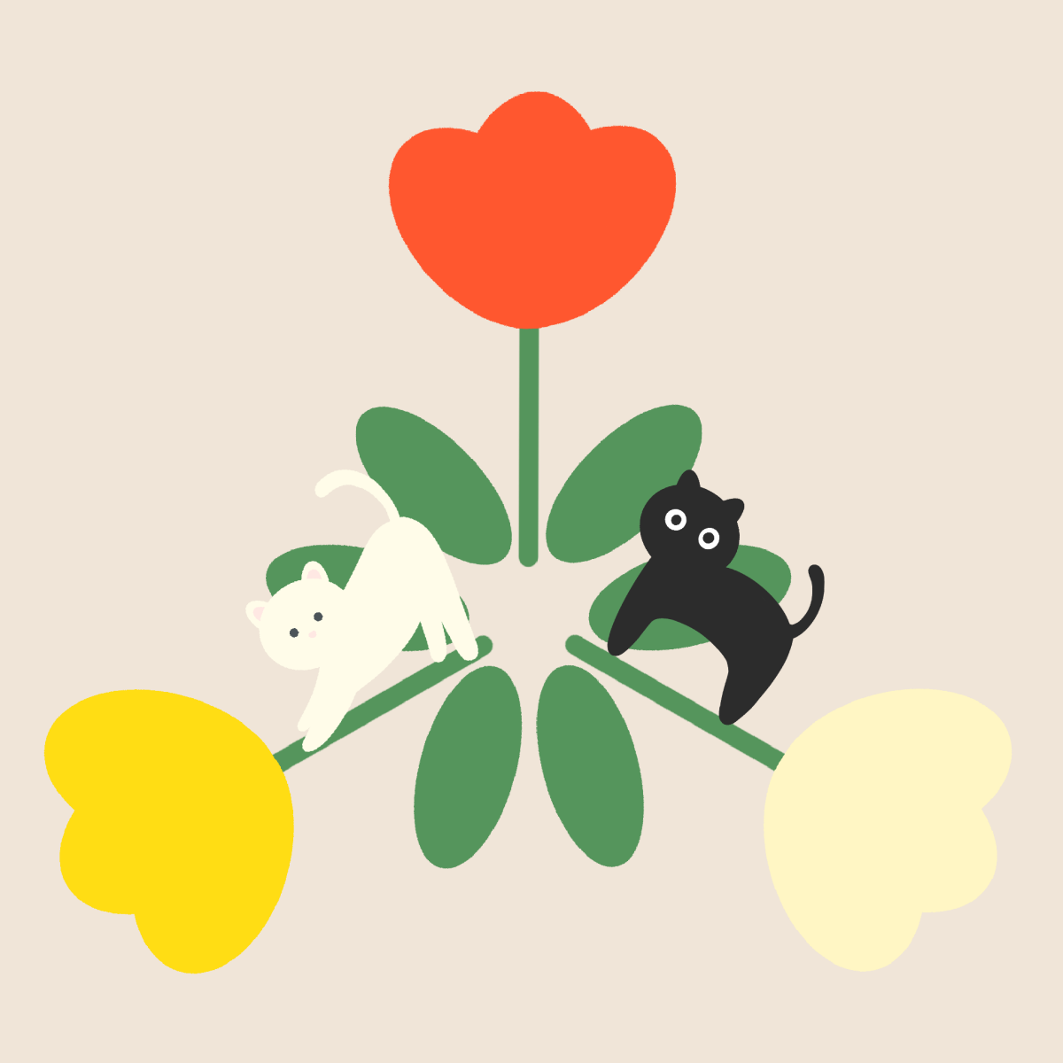 白猫と黒猫とチューリップ