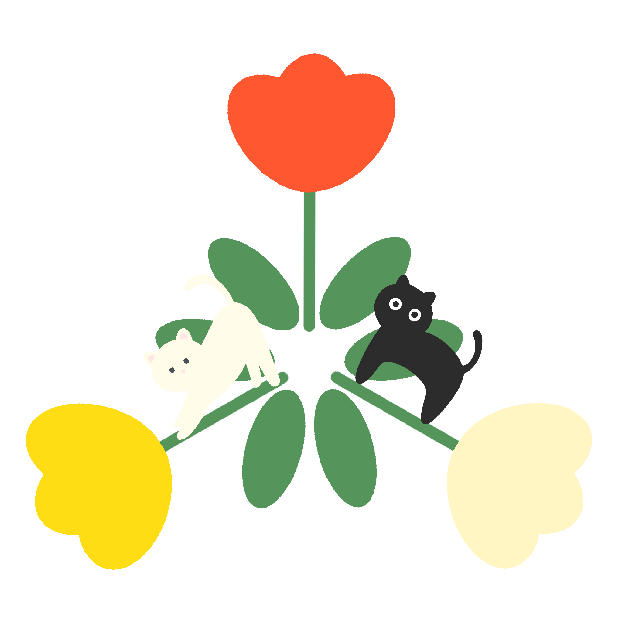 白猫と黒猫とチューリップのイラスト
