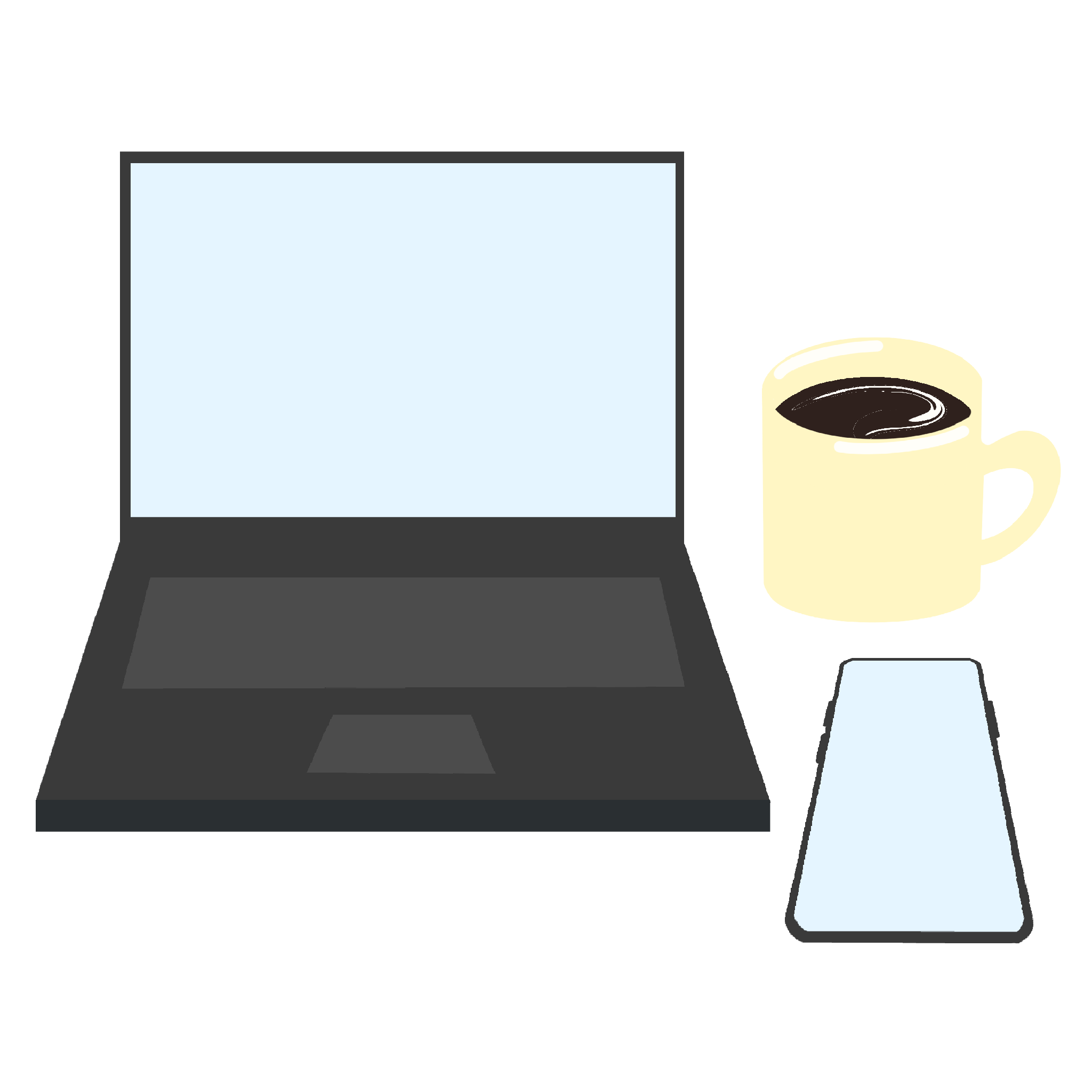 ノートパソコンとスマホとコーヒーのイラスト