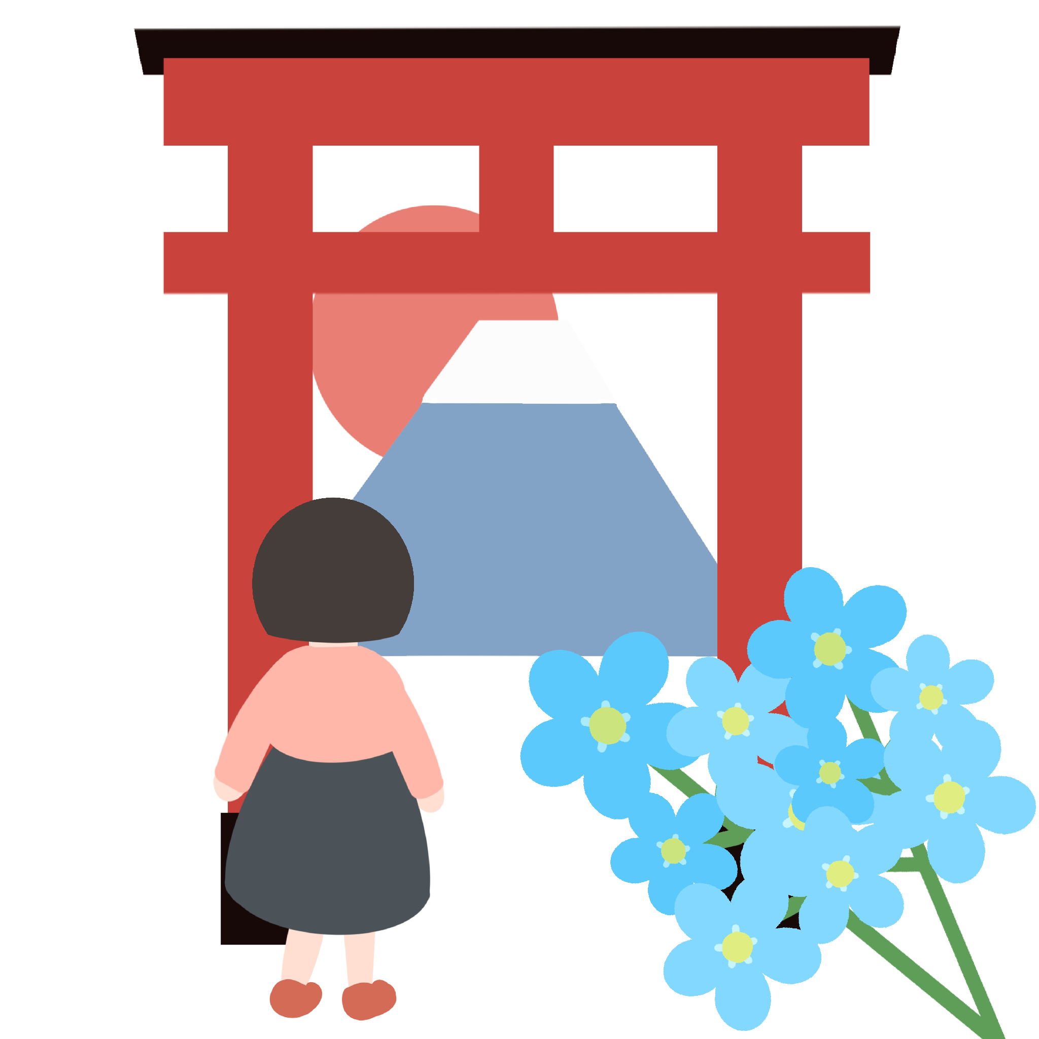 鳥居とわすれなぐさと少女のイラスト
