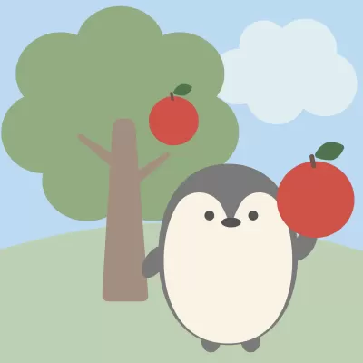 りんごを見つけたペンギン